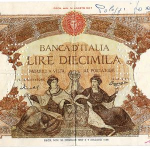 Banconota falsa del 1955 del valore di diecimila lire. 