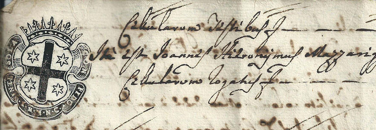 Signum del notaio Giovanni Antonio Mazzariggi, 1760. Arch. Notarile Tuscania, prot. 305.